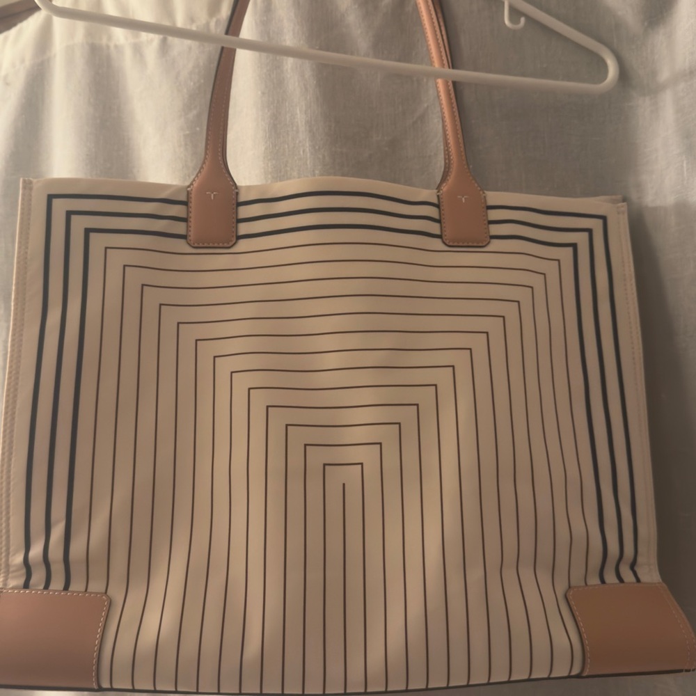 Tory Burch Striped Tan and Cream Ella Tote Bag Large - Picture 3 of 16
